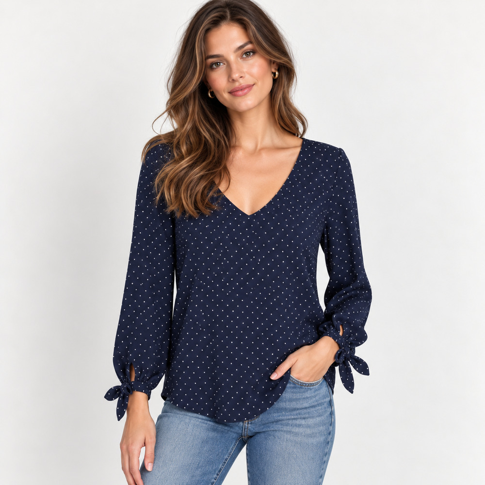 Anthropologie Maeve Pernille Blouse XS Navy Polka Dot Tie Sleeve Rayon
